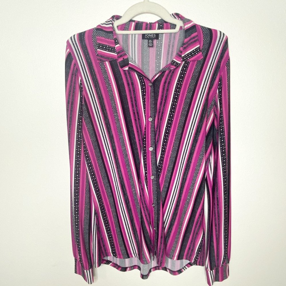 Jones New York Pink & Black Button Front Top